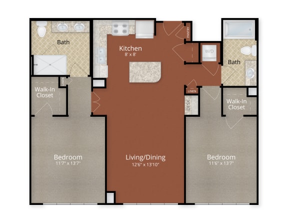 Two Bedroom Two Bath Floor Plan at Park Place at Petworth, Washington, 20011