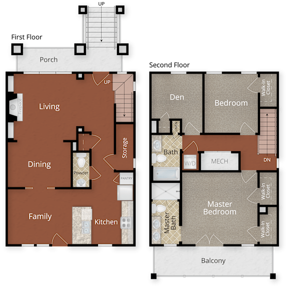 A diagram of a two-story house with labeled rooms.