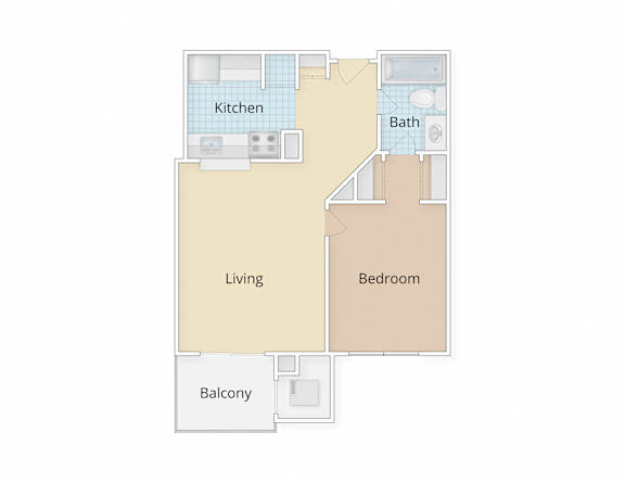 A floor plan of a living space with a kitchen, bathroom, bedroom, and balcony.