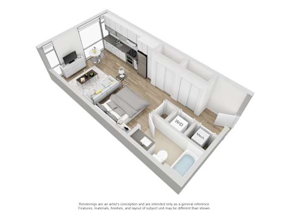 A 3D rendered image of a modern apartment layout.