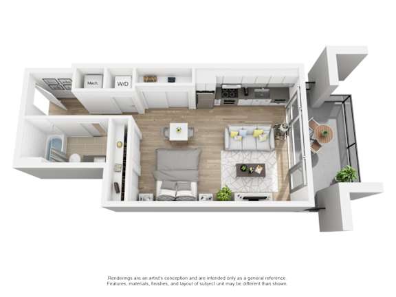 A white 3D rendered image of a modern apartment layout.