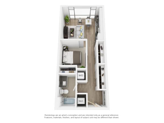 A floor plan of a small apartment with a kitchen, living room, and bathroom.