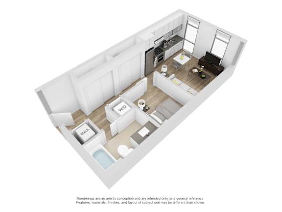 A 3D rendering of a small apartment with a kitchen, living room, and bathroom.