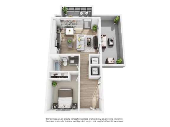 a stylized floor plan of a 1 bedroom apartment at The Shay, Washington, 20001