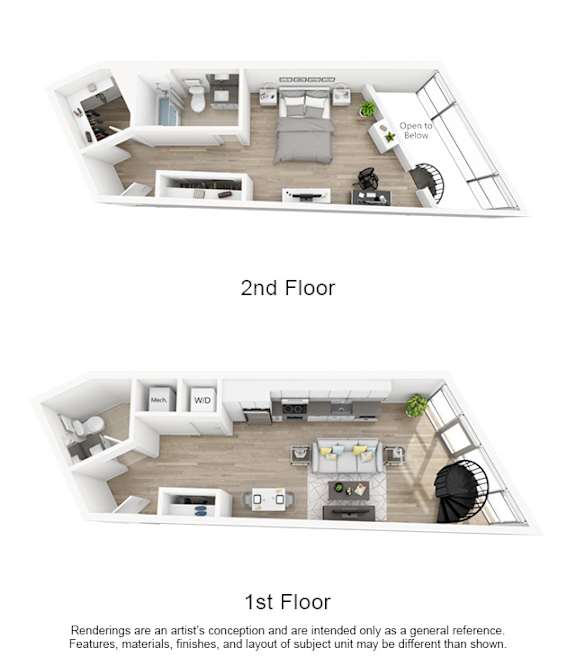 A floor plan of a two-story home with a kitchen, living room, and bedrooms.