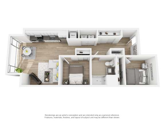 A white floor plan of a house with a kitchen, living room, and bedrooms.