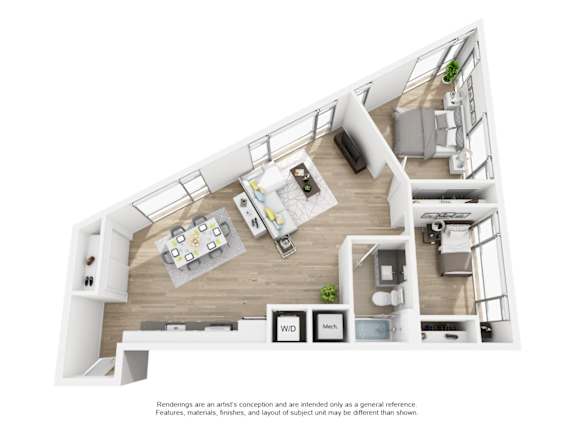 A floor plan of a house with a living room, kitchen, and two bedrooms.