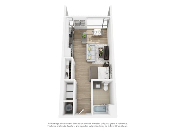 A floor plan of a small apartment with a kitchen, living room, and bathroom.