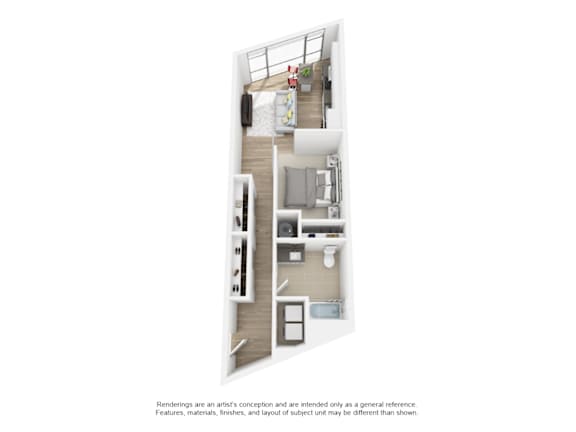 a bedroom with a bed a mirror a sink and a mirror