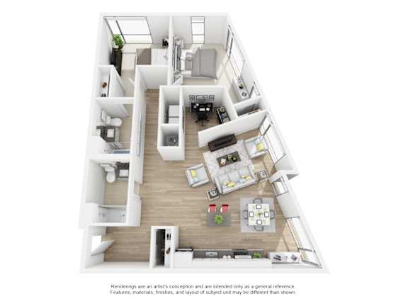 A floor plan of a small apartment with a kitchen, living room, and two bedrooms.