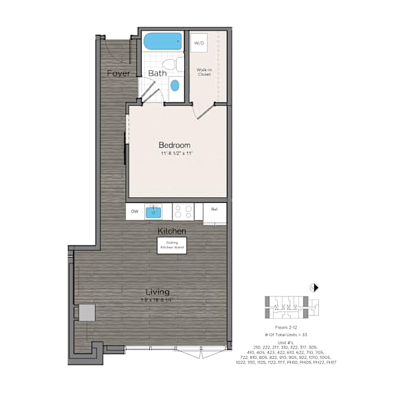 A floor plan of a one bedroom apartment with a living room, kitchen, bath, and foyer.
