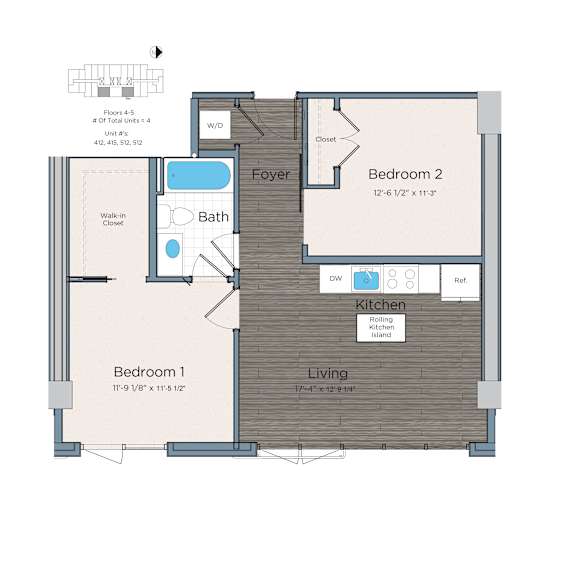 A floor plan of a small apartment with two bedrooms, a living room, a kitchen, and a foyer.