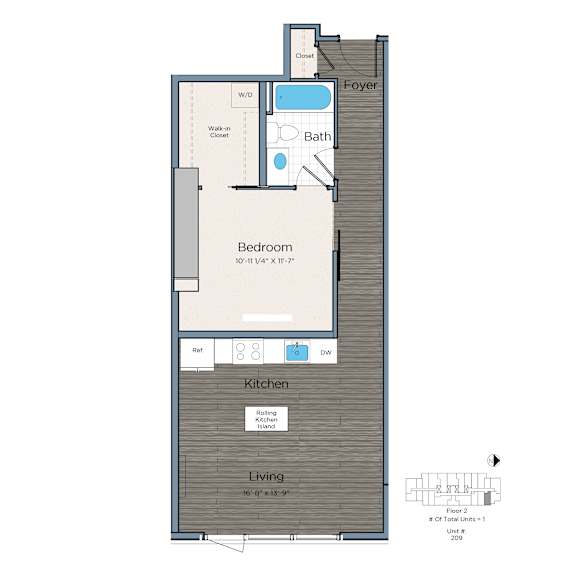 A floor plan of a small apartment with a bedroom, bathroom, kitchen, and living room.