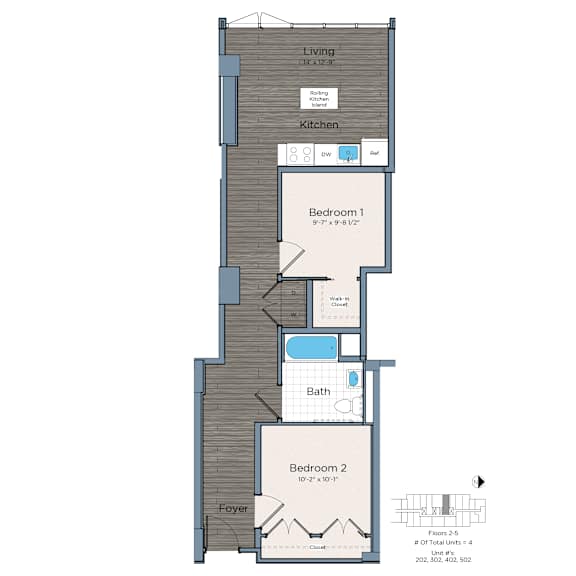 2-bedrom floorplan at Lex at Waterfront Station at the Southwest Waterfront with plank flooring, walk-in closet, in-home washer and dryer and moveable kitchen island.