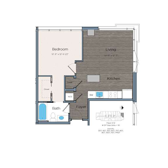 A floor plan of a small apartment with a bedroom, living room, kitchen, bathroom, and foyer.