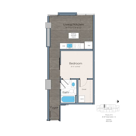 1-bedrom 1 bathroom floorplan at Lex at Waterfront Station at the Southwest Waterfront with plank flooring, walk-in closet, in-home washer and dryer and moveable kitchen island.