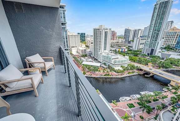 A balcony with chairs overlooks a river and cityscape.