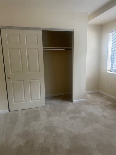 A white door is open to a room with a carpeted floor.