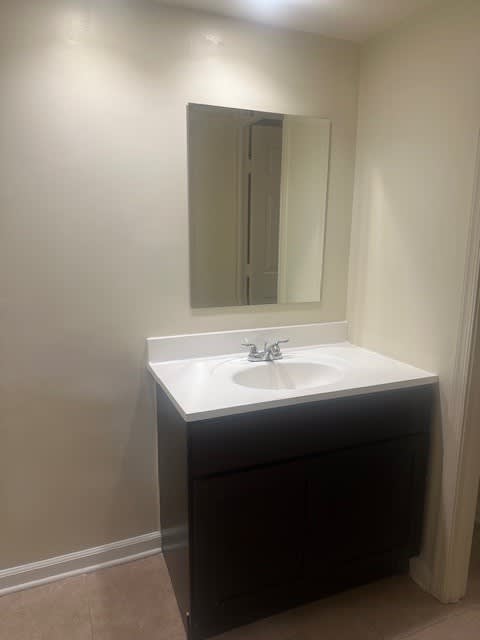 A bathroom sink with a mirror above it.