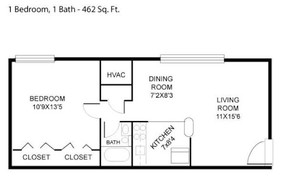 Floor plan of a 462 sf one bedroom apartment