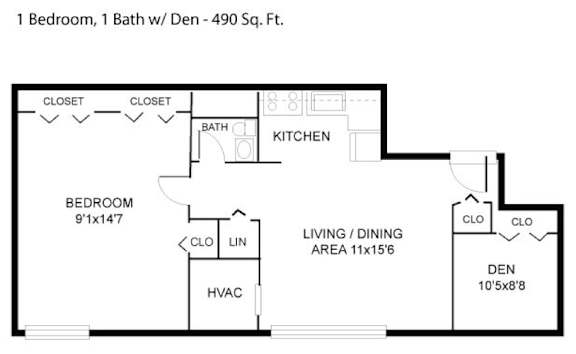 Floor plan of a 490 sf one bedroom apartment