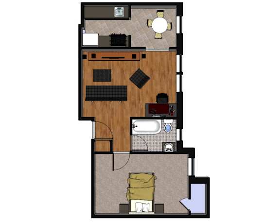 A floor plan of a house with a kitchen, living room, and bathroom.