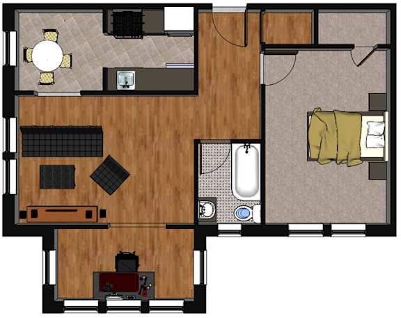 A floor plan of a room with a kitchen, living room, and bedroom.