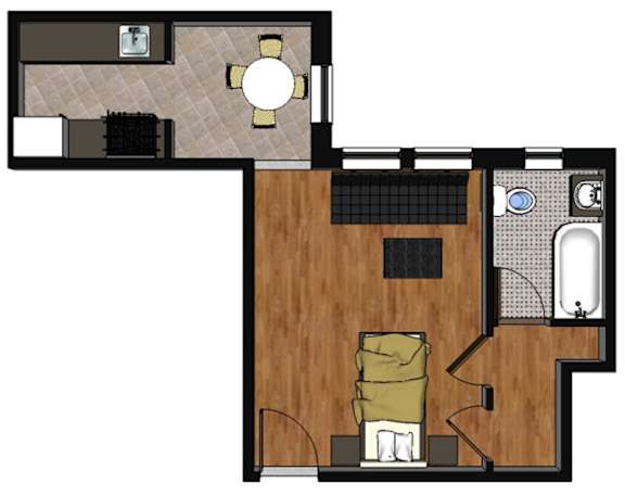 A floor plan of a room with a couch, chair, and a table.