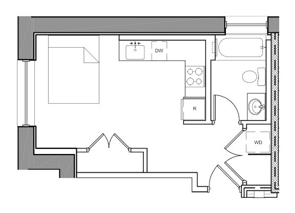 A floor plan of a room with a kitchen area, a living room, and a bathroom.