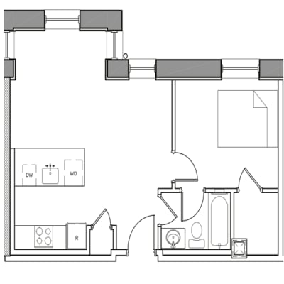 A drawing of a room with a desk and a chair.