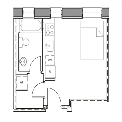 A floor plan of a room with labeled areas such as DW and R.