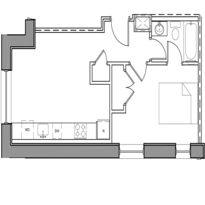 A floor plan of a house with a kitchen, living room, and bathroom.