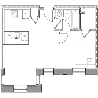 A floor plan of a house with a kitchen, living room, and bathrooms.
