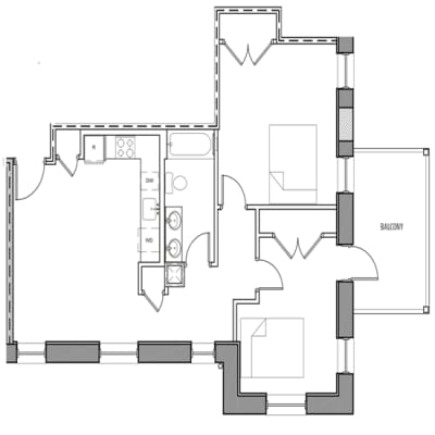 A floor plan of a house with a balcony.
