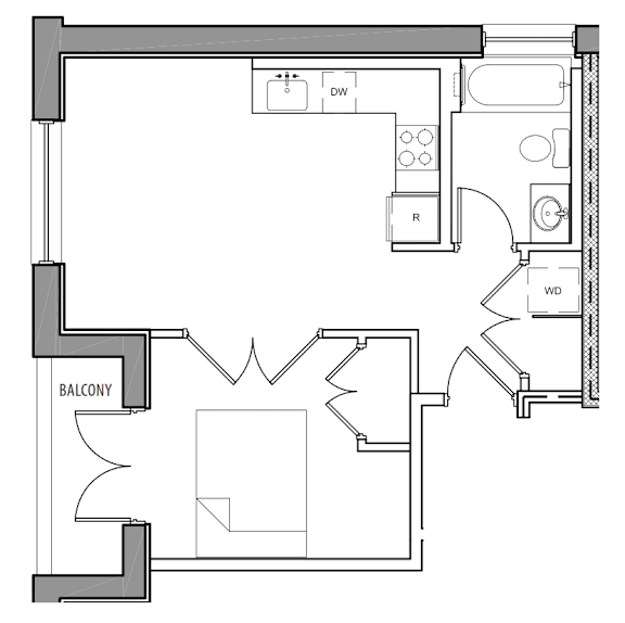 A black and white drawing of a house floor plan with a balcony.