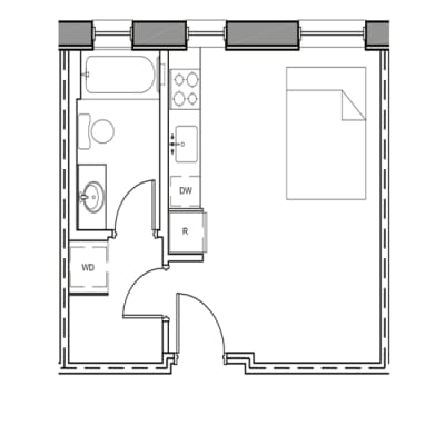 A floor plan of a room with a kitchen area and a living room area.