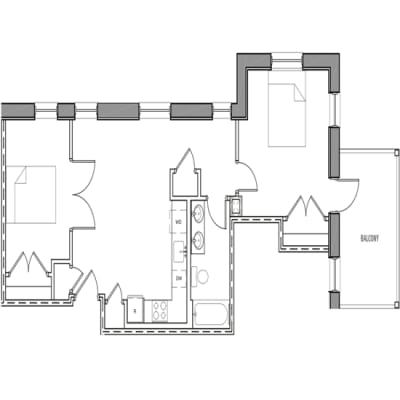 A floor plan of a house with a balcony.