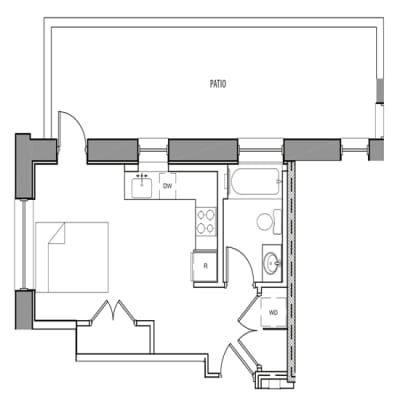 A floor plan of a house with a labeled patio.