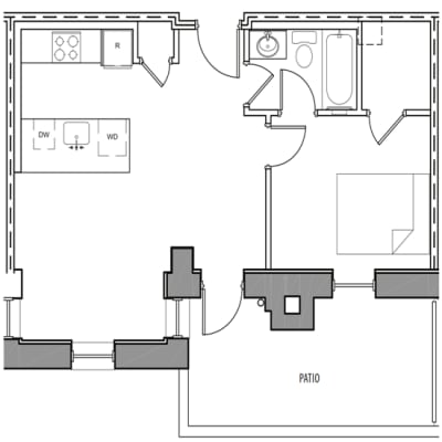 A floor plan of a house with a labeled patio.