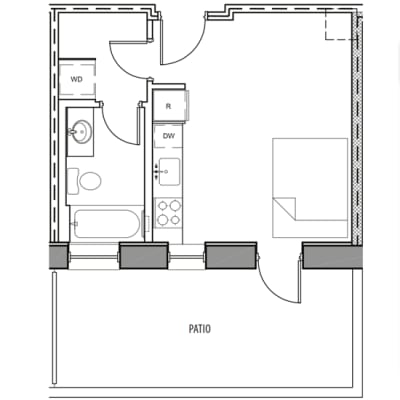 A floor plan of a house with a labeled patio.