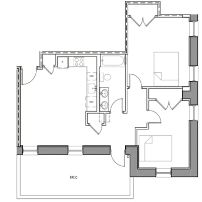 A floor plan of a house with a labeled patio.
