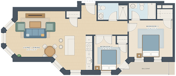 A floor plan of a house with a living room, dining room, and two bedrooms.
