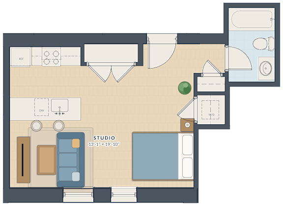 A floor plan of a studio apartment with a kitchenette, living room, and bedroom.