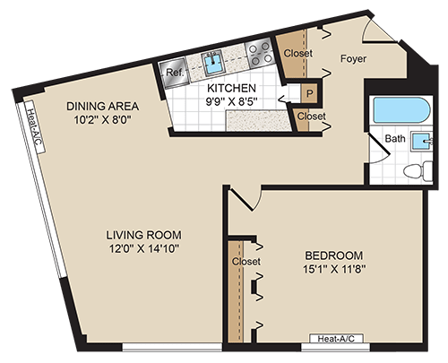 One Bedroom 24-1E Floorplan at 2400 Pennsylvania Avenue Apartments