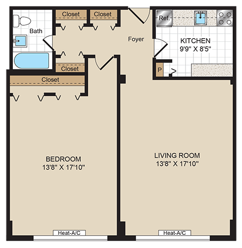 One Bedroom 24-1G Floorplan at 2400 Pennsylvania Avenue Apartments