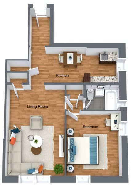 one bedroom floor plan with a bedroom and a living room