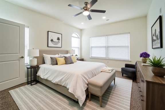 A bedroom with a bed, a bench, and a ceiling fan.