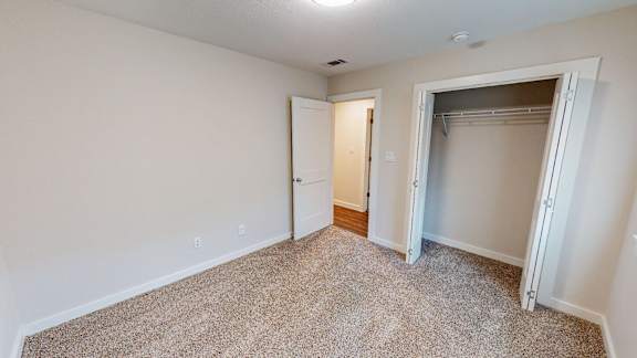 A room with a carpeted floor and a closet with a white door.