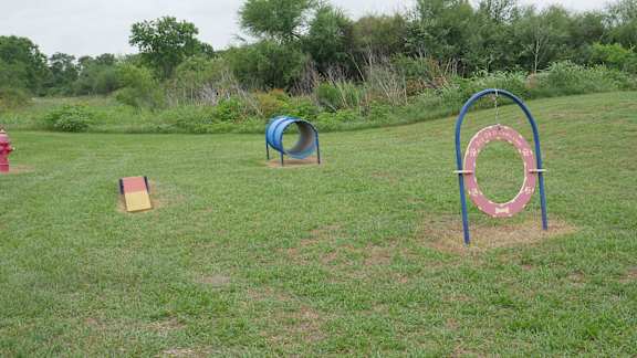 A playground with a blue and red ring and a yellow block.