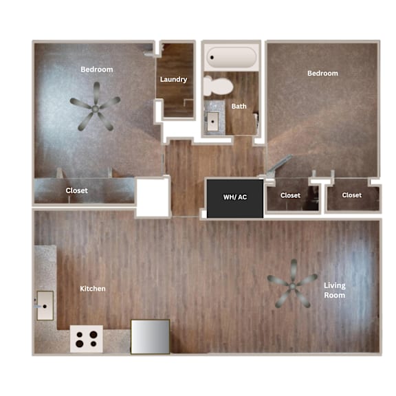 A floor plan of a house with a kitchen, living room, and two bedrooms.